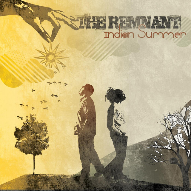 Album Cover: A monochrome illustration of the artists on a grassy hill with two trees, on a dark yellow sunset background