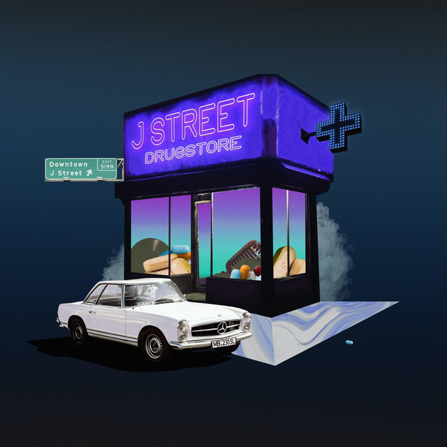 Album Cover: A drug store on a purple background