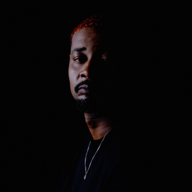 Album Cover: A dimly-lit headshot of the artist. He seems to have a sad facial expression