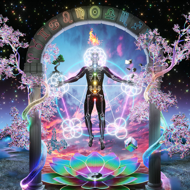 Album Cover: An image of a man levitating with arms outstretched, with lots of colorful, geometric, astrological and spiritual art