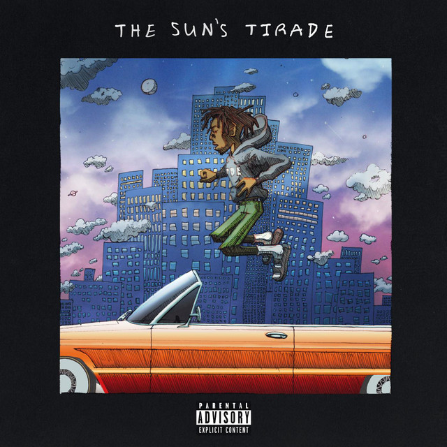 Album Cover: A cartoon man jumping above a convertible car, in front of a pastel-colored cityscape background